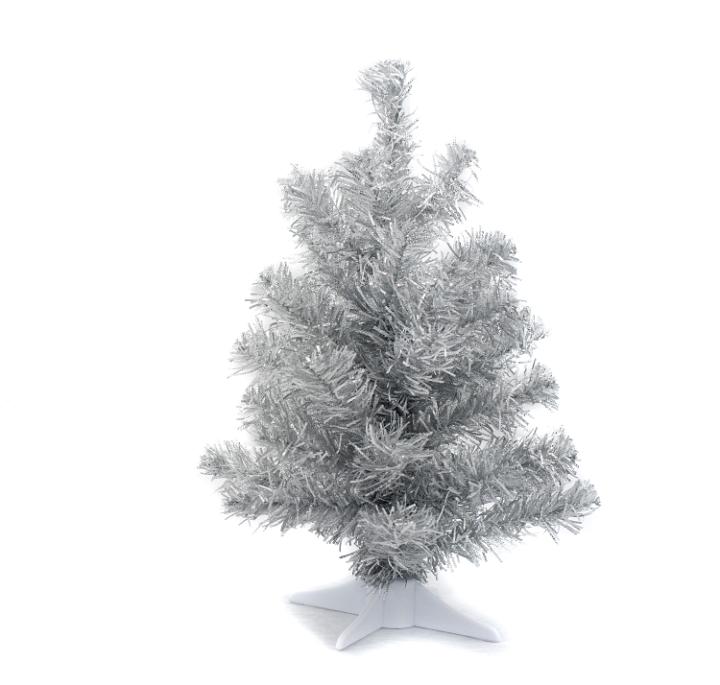 an undecorated silver christmas tree isolated against a white backdrop