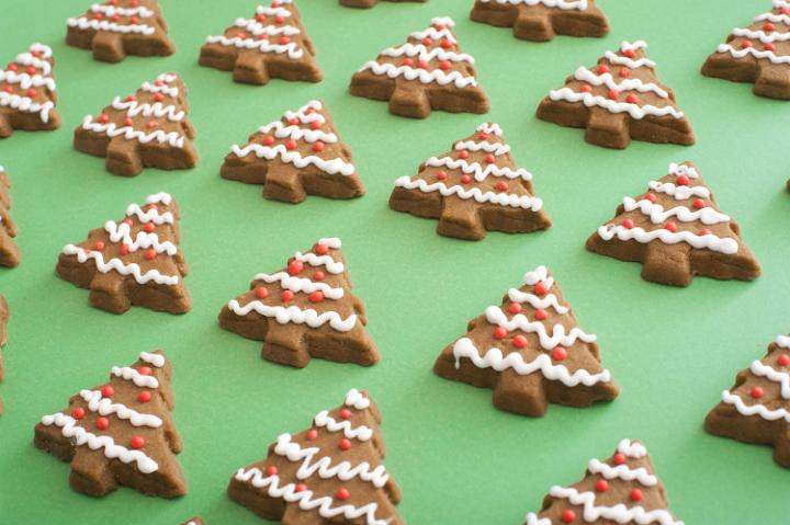 Christmas cookie gingerbread tree backdrop with decorative white and red icing in a high angle view on textured green paper