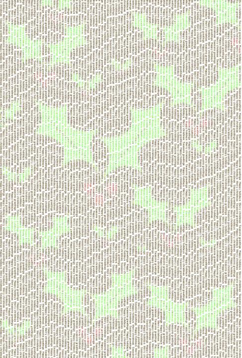 Brown green and red letters create a typed background forming a pattern of holly leaves