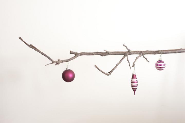 Three christmas balls hanging on leafless branch against of white background