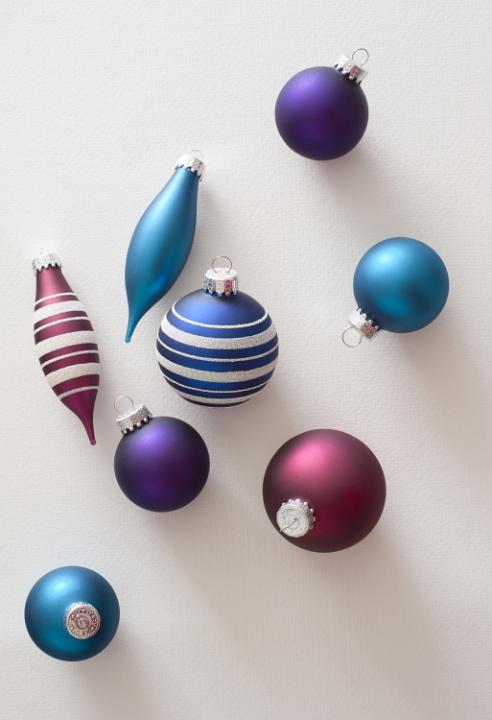 Eight festive glass bauble tree decoration. From above