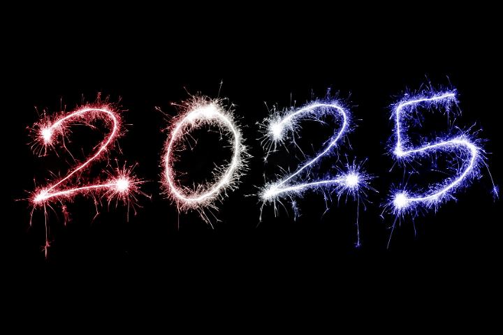 Patriotic celebration of New Year in red and blue colours sparking typeface