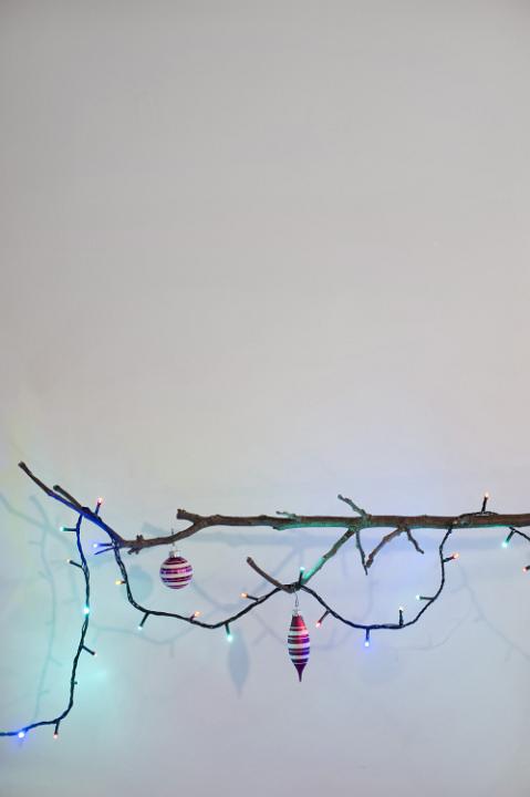 Christmas tree balls and lighted garland on leafless branch. Concept. Copy space